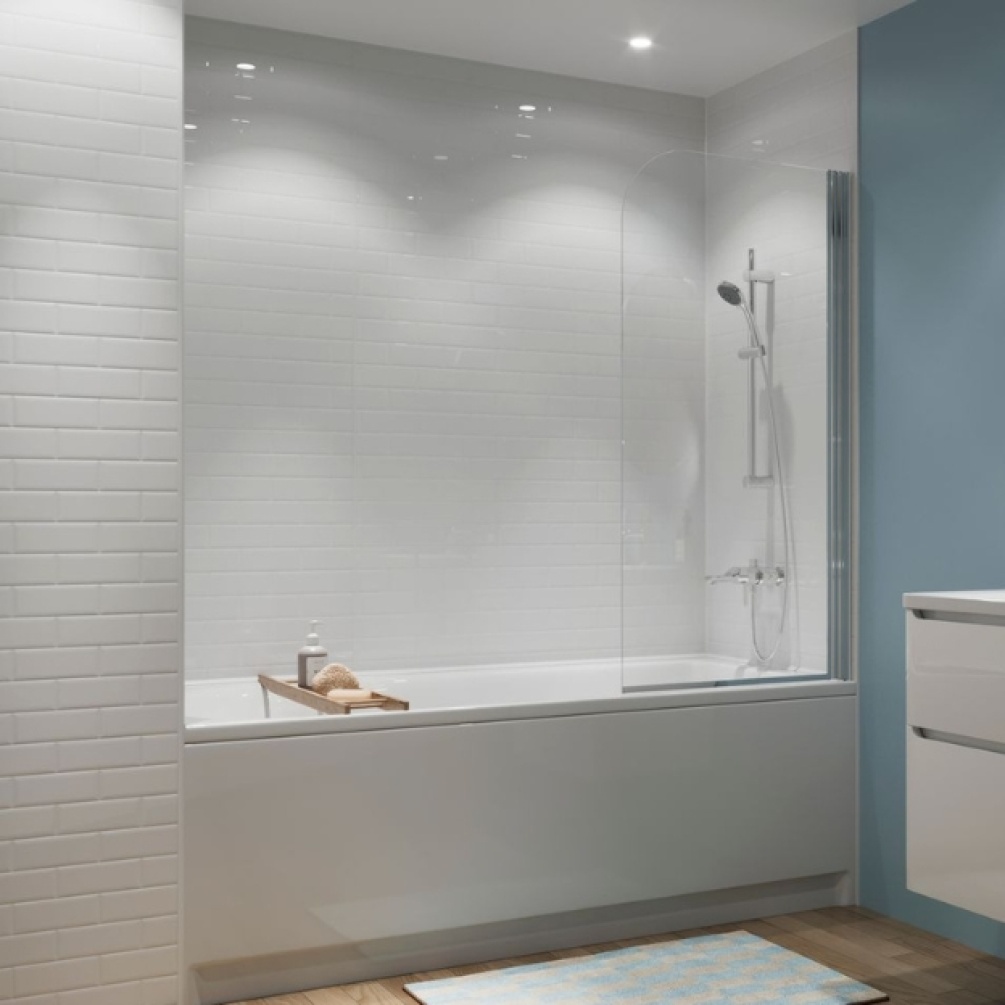 Lifestyle image of the Showerwall Compact Lily White 2440mm x 1220mm Tile Effect Wall Panel - SWCT05 installed around a straight edged single-ended bathtub with riser rail shower kit